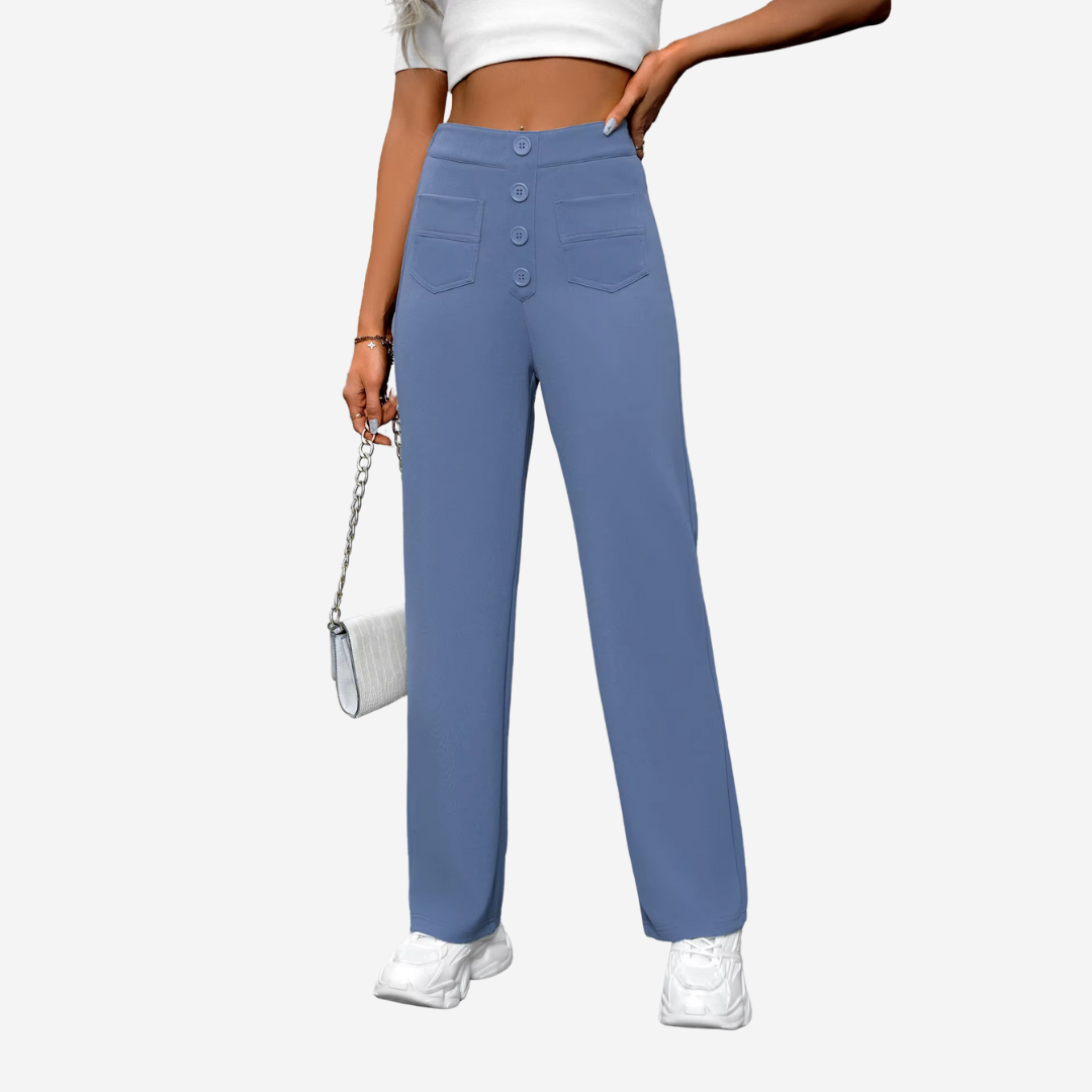 "Dames broek met hoge taille, rechte pijpen en stijlvolle pasvorm, ideaal voor casual of semi-formele looks."