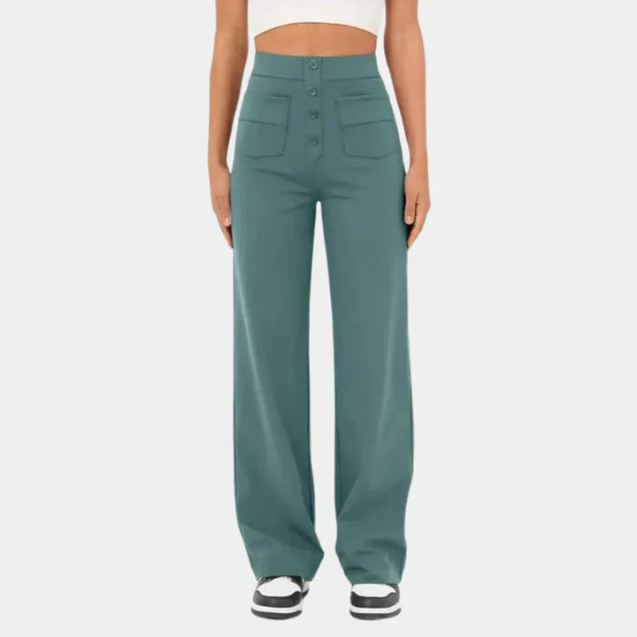 "Dames broek met hoge taille, rechte pijpen en stijlvolle pasvorm, ideaal voor casual of semi-formele looks."