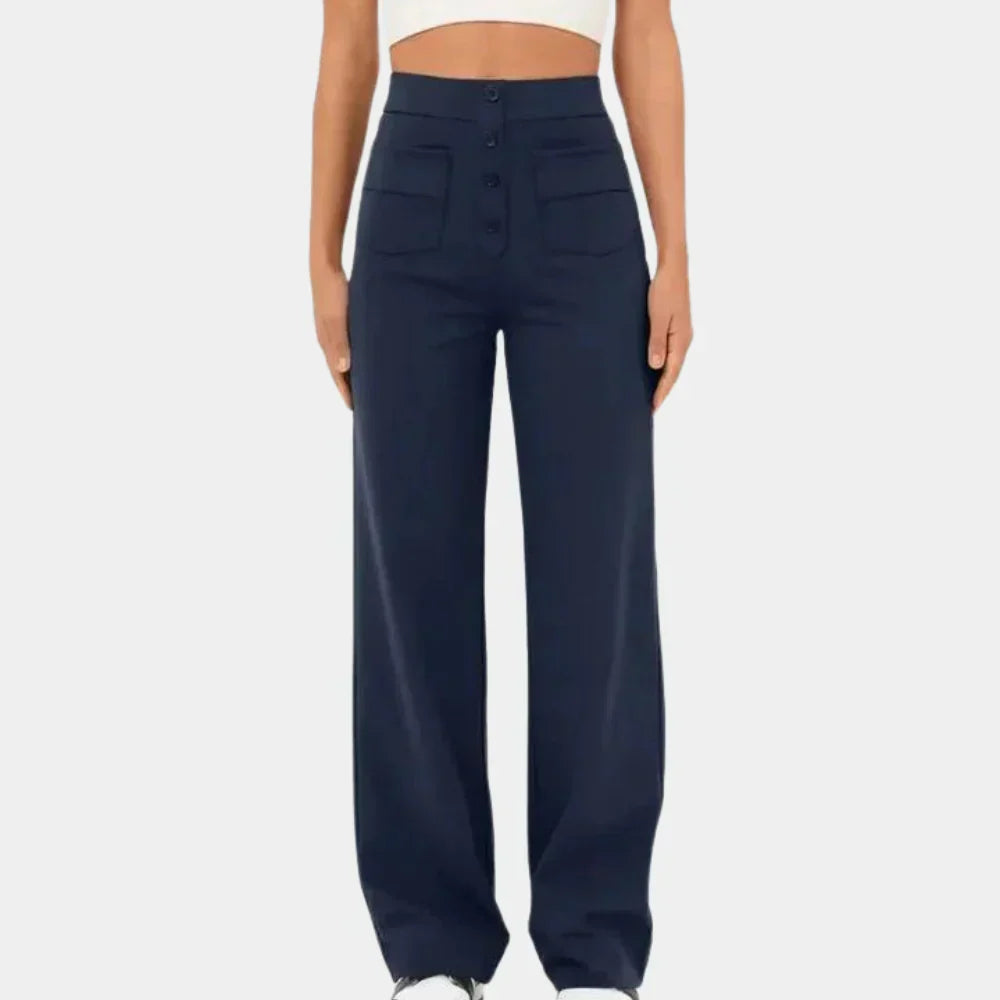 "Dames broek met hoge taille, rechte pijpen en stijlvolle pasvorm, ideaal voor casual of semi-formele looks."