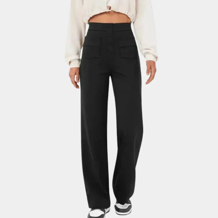 "Dames broek met hoge taille, rechte pijpen en stijlvolle pasvorm, ideaal voor casual of semi-formele looks."