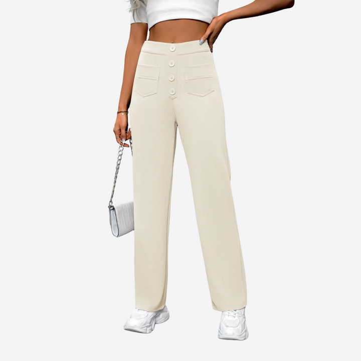 "Dames broek met hoge taille, rechte pijpen en stijlvolle pasvorm, ideaal voor casual of semi-formele looks."