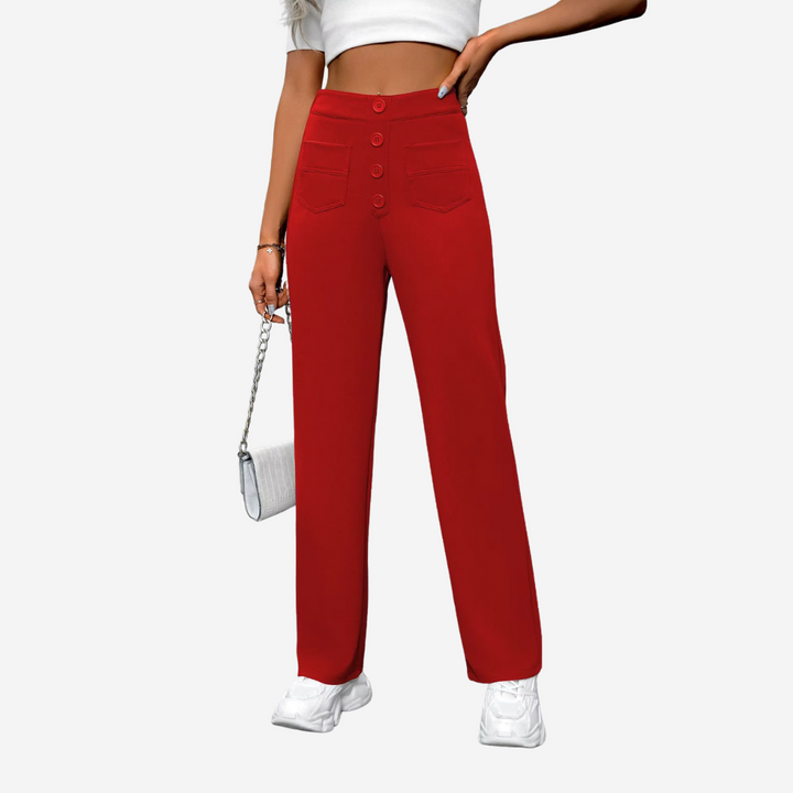 "Dames broek met hoge taille, rechte pijpen en stijlvolle pasvorm, ideaal voor casual of semi-formele looks."