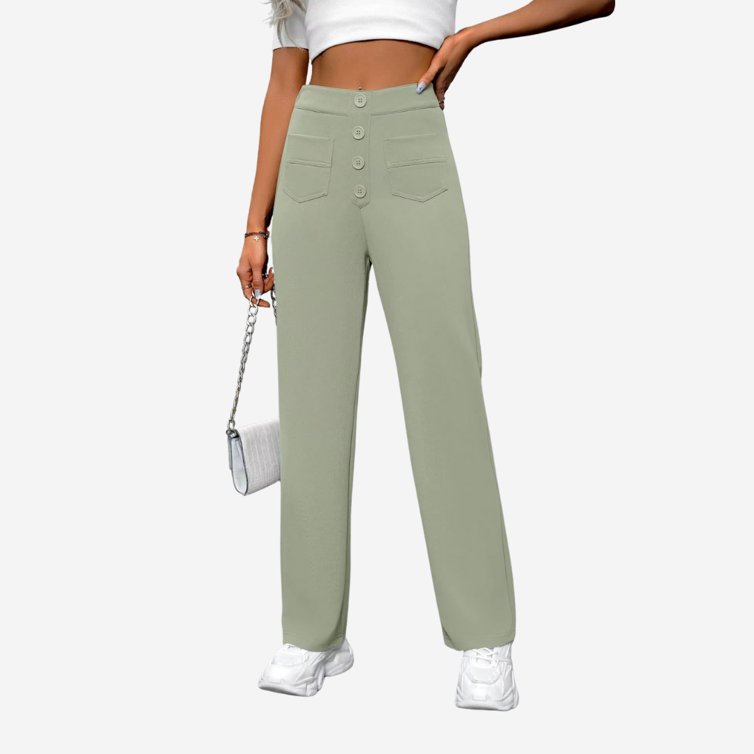 "Dames broek met hoge taille, rechte pijpen en stijlvolle pasvorm, ideaal voor casual of semi-formele looks."