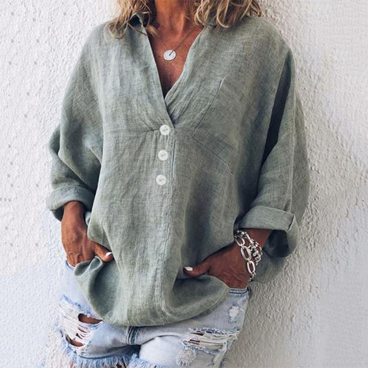 Dames casual button-down blouse in groen met lange oprolmouwen en V-hals