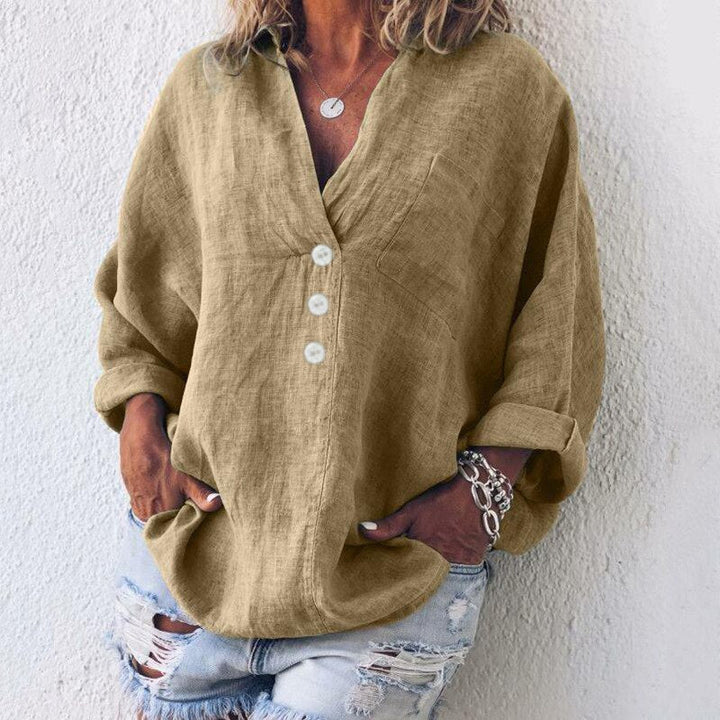 Comfortabele khaki blouse met knoopsluiting en borstzak voor dames