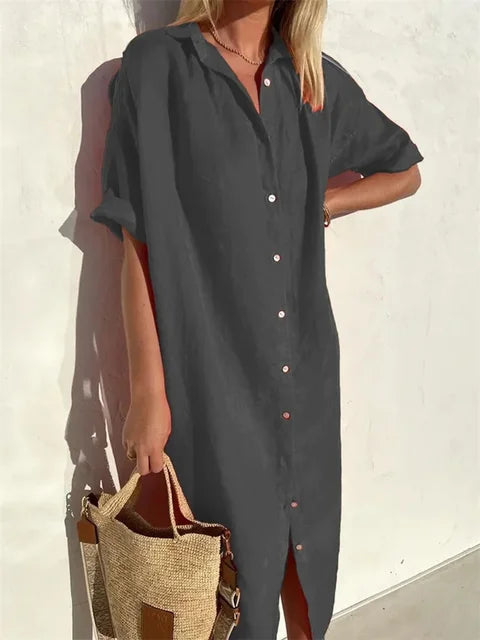 Dames casual midi jurk. Knoopjurk met tijdloze stijl. Ideaal als lente- of comfortabele zomerjurk.