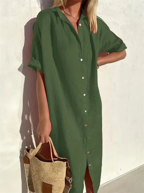 Comfortabele dames zomerjurk. Casual midi jurk met knopen, perfect voor een relaxte en elegante stijl.