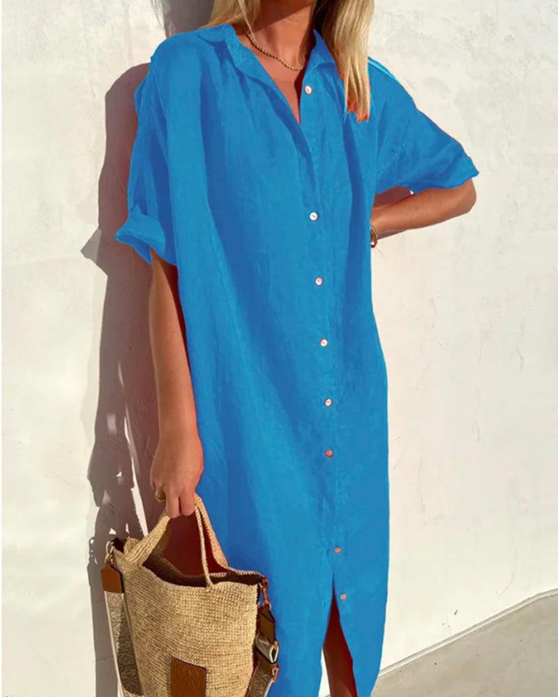 Zijaanzicht: elegante dames casual midi jurk. Comfortabele blouse jurk, ideaal voor zomerse dagen.