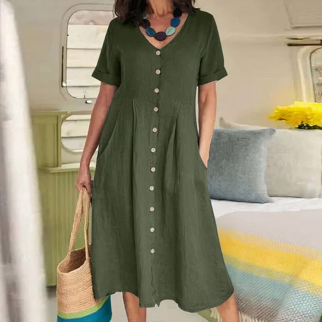 Casual dames zomerjurk met V-hals, A-lijn pasvorm en knoopjes, ideaal voor dagelijks gebruik.