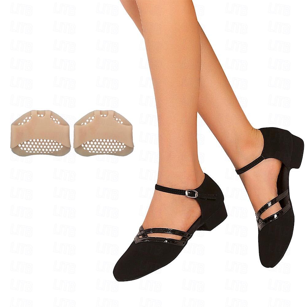 "Dames dansschoenen, comfortabel, flexibel voor moderne dans, elegante lage hak, ronde teen, zwarte afwerking."