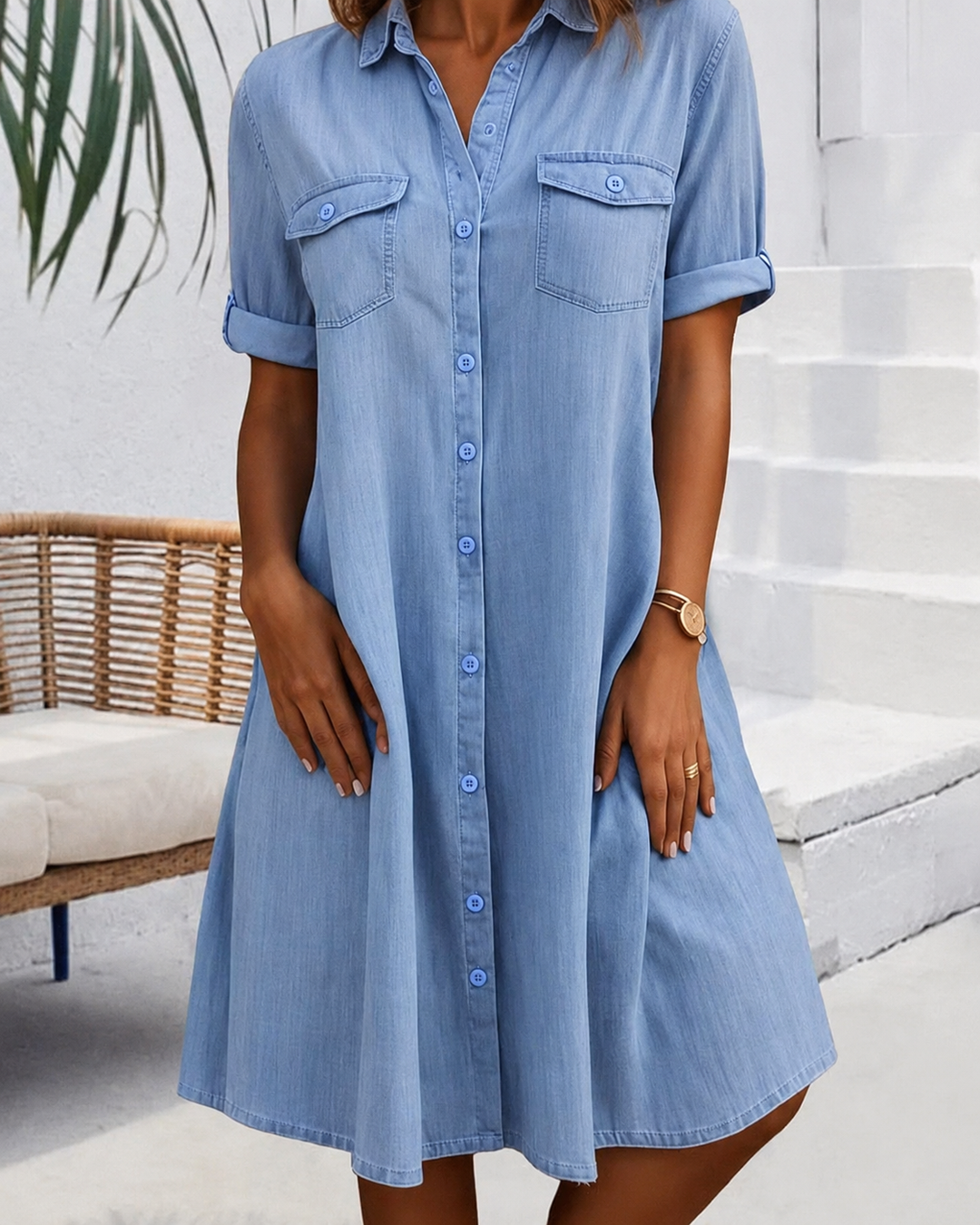 Stijlvolle dames blousejurk met knoopsluiting. Casual, comfortabele zomerjurk, ideaal als veelzijdige mini jurk.