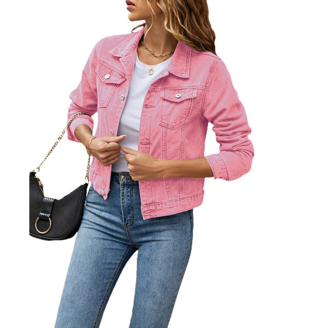 Dames denim kort jack, vooraanzicht; trendy, comfortabel en veelzijdig, ideaal voor elke outfit en gelegenheid.