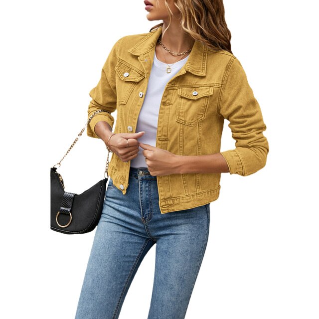Dames denim kort jack, vooraanzicht; trendy, comfortabel en veelzijdig, ideaal voor elke outfit en gelegenheid.