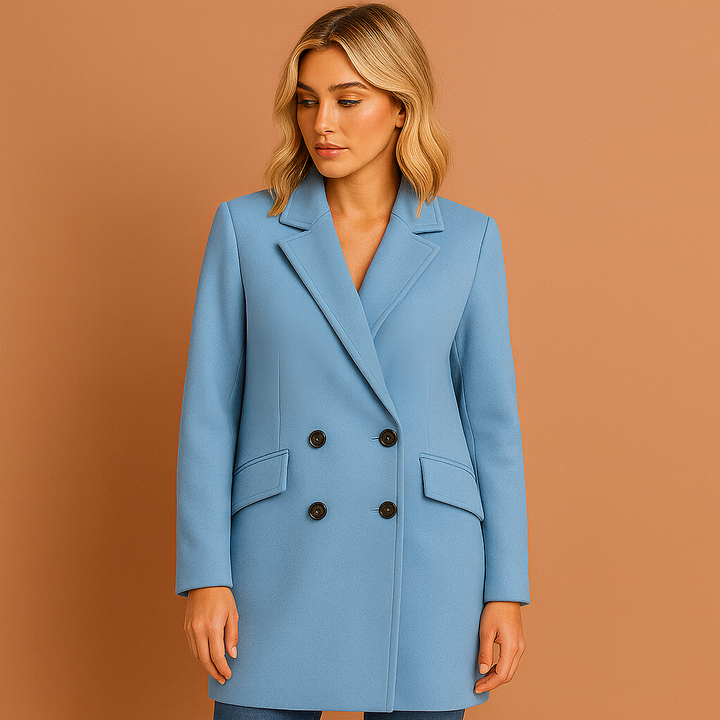 Modieuze lange damesjas, dubbel geknoopt; elegante en warme mantel voor een complete winteroutfit.