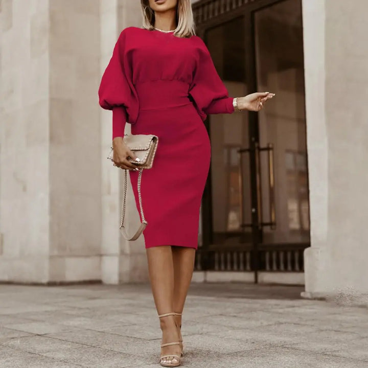 Dames elegante kantoor midi jurk met lantaarnmouwen. Perfect voor formele en casual gelegenheden.