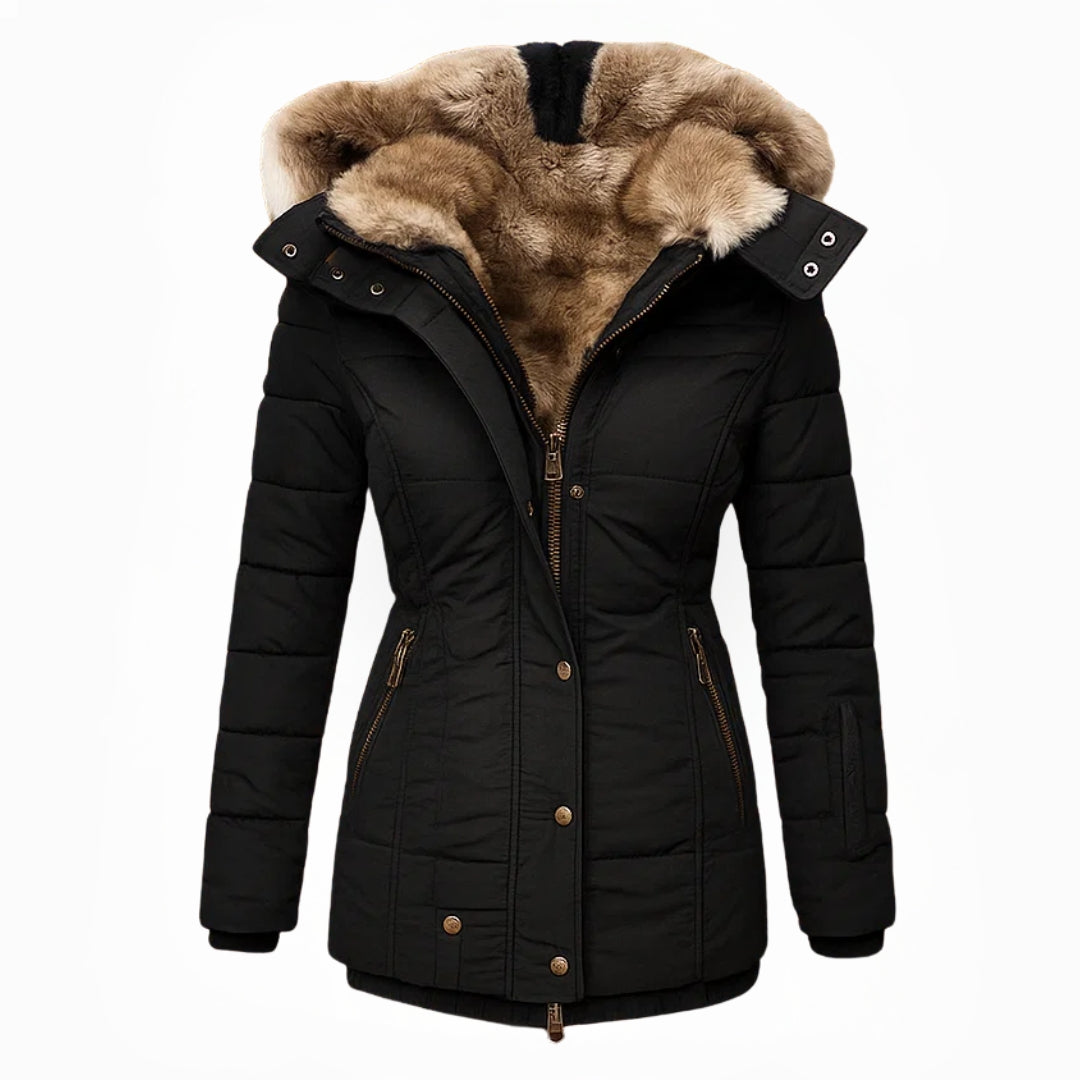 Dames elegante lange winterjas met capuchon. Stijlvol en warm voor koude winterdagen.