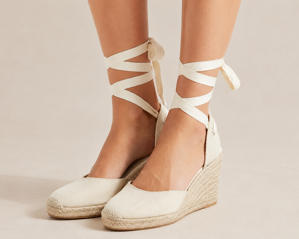 Witte dames espadrilles op sleehak met trendy enkelbandjes, ideaal voor strandmode en vakantie outfit.