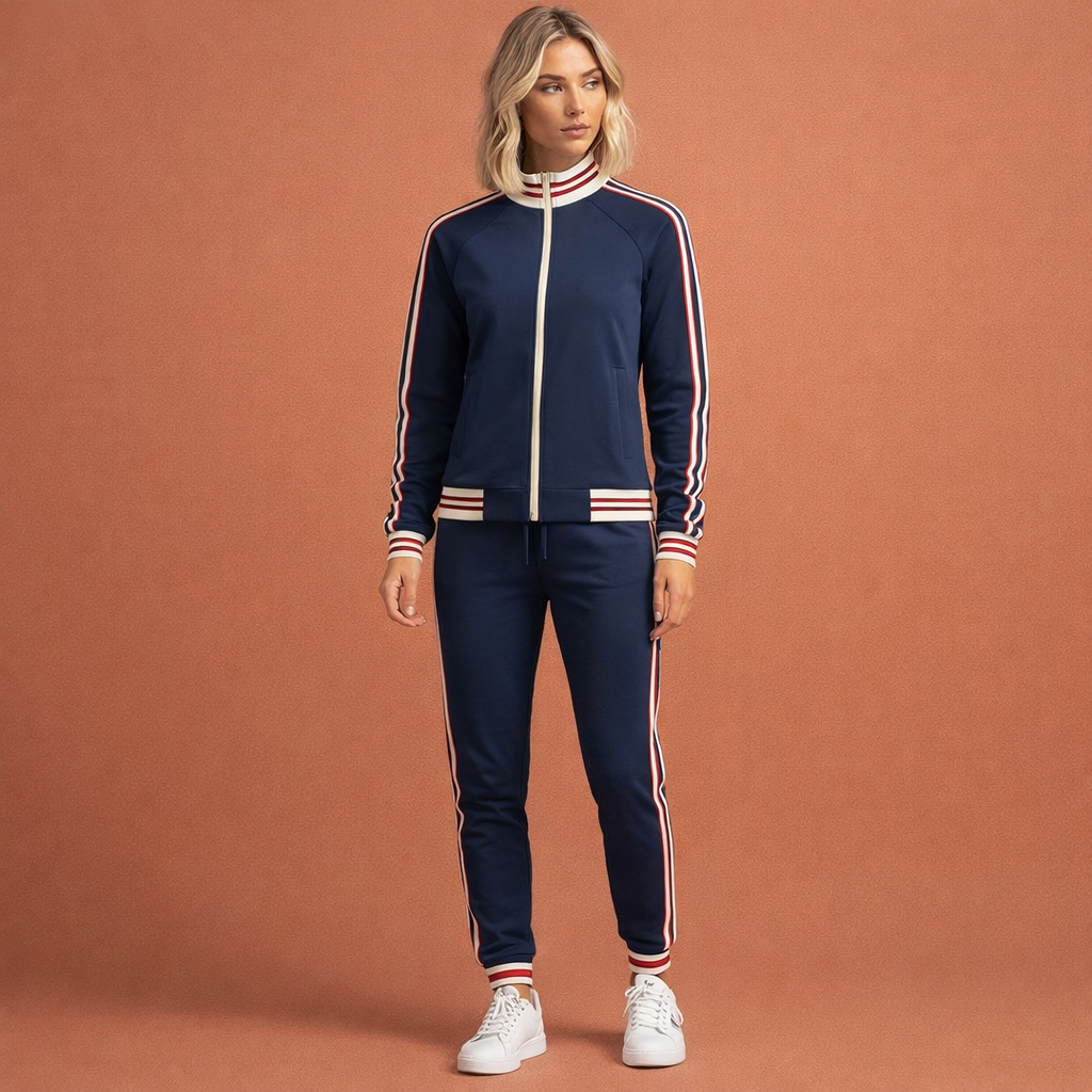 Complete gestreepte dames set: een sportief en comfortabel trainingspak voor diverse activiteiten.
