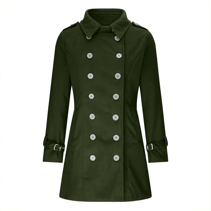 Stijlvolle dames trenchcoat met dubbele rij knopen. Perfecte getailleerde jas voor lente en herfst.