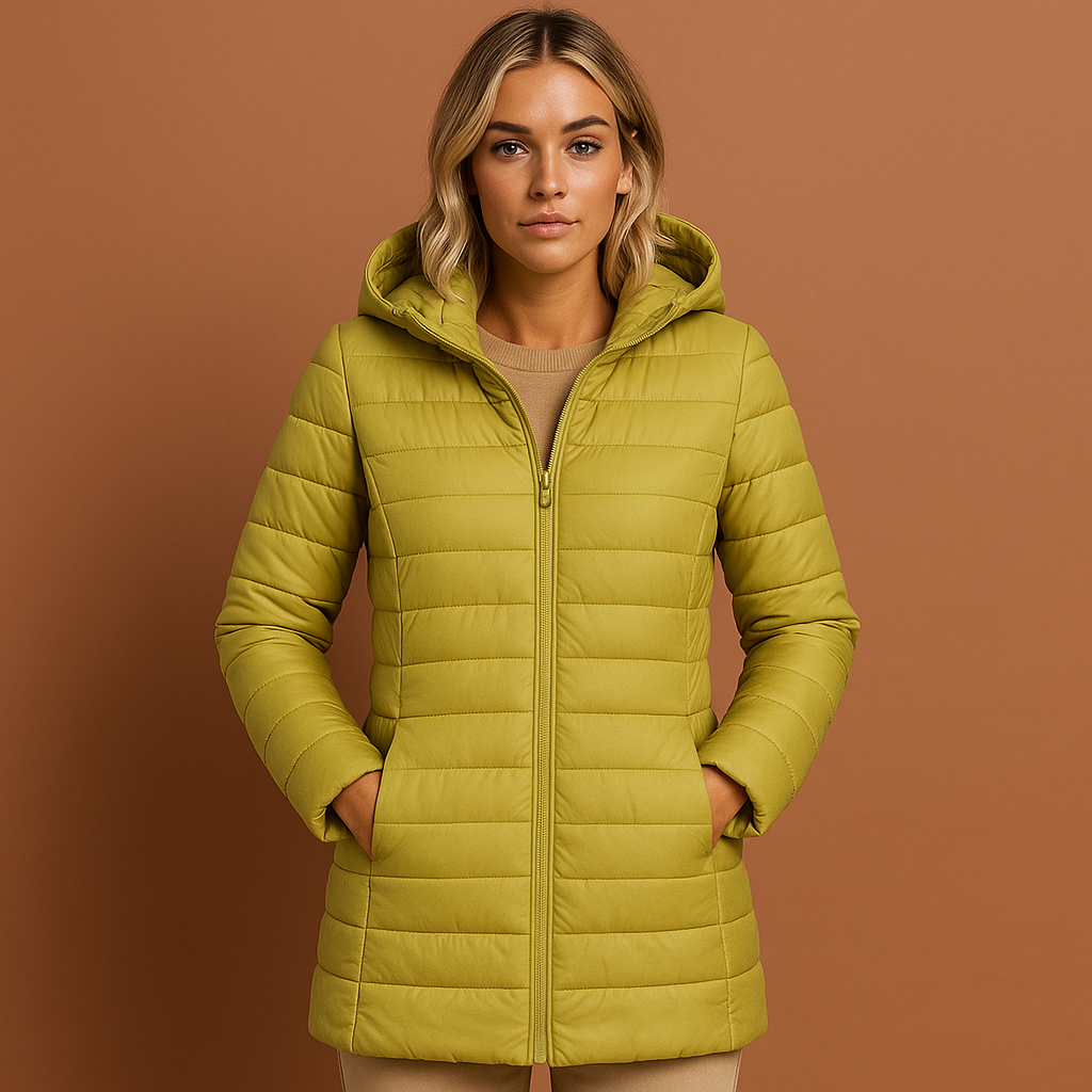 Gedetailleerde weergave van een gewatteerde dames winterjas met capuchon, een essentieel kledingstuk.