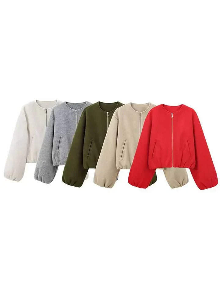"Dames grijze bomberjas met ritssluiting, elastische tailleband en moderne oversized fit voor een stijlvolle casual look."