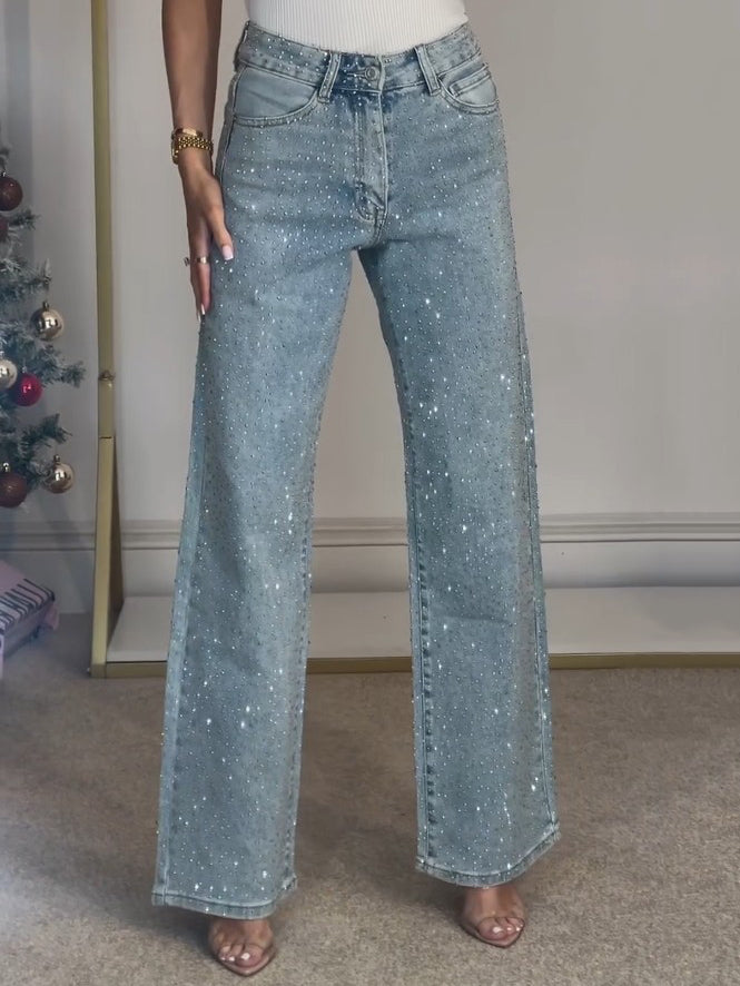 Veelzijdige chique dames hoge taille sparkle jeans, ideaal voor casual én elegante outfits. Comfortabele blauwe spijkerbroek.