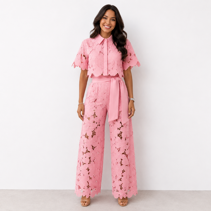 Stijlvolle dameskleding set met transparante kanten crop top en broek