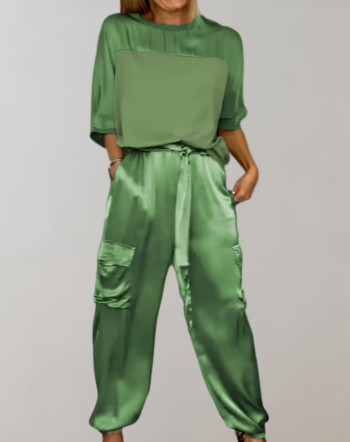 Moderne vrouwenmode co-ord set: 3/4 mouw shirt en cargo broek voor elke dag.
