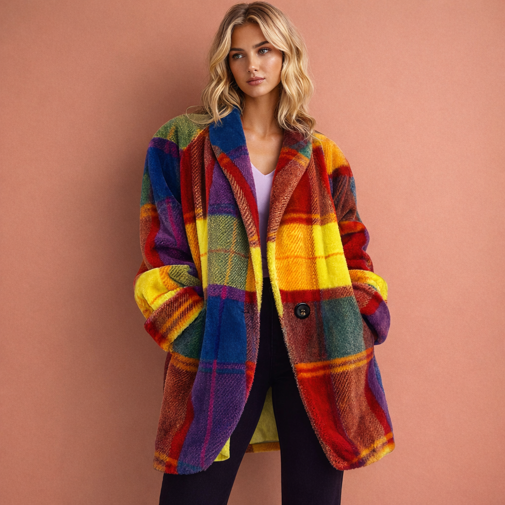 Dames kleurrijke mantel met reverskraag en praktische zakken, ideaal voor een comfortabele en chique herfst/winter look.