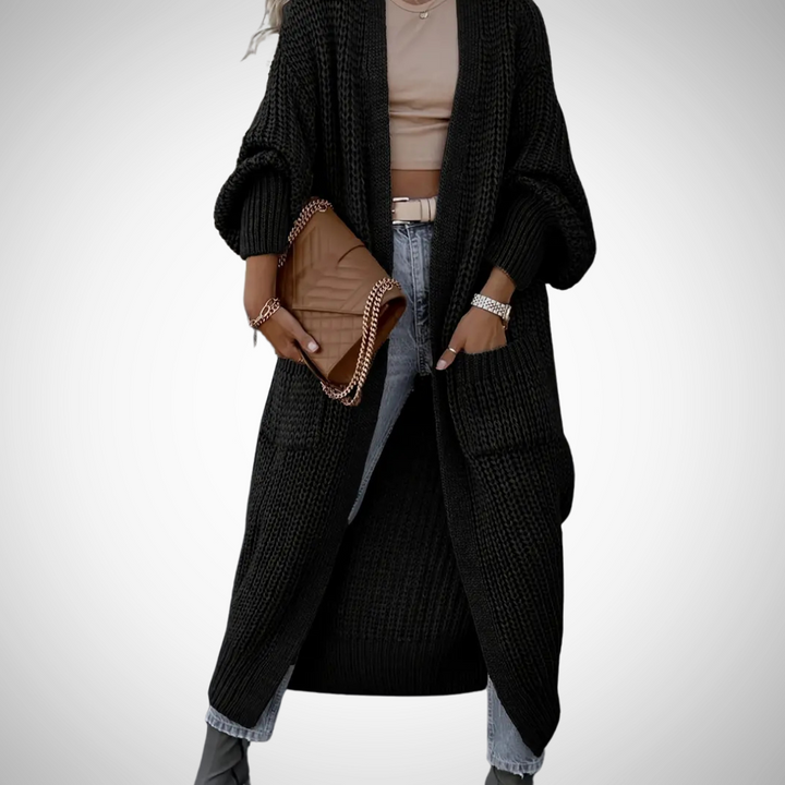 Comfortabel dames lang opencardigan vest met steekzakken, heerlijk zacht voor koude dagen. Casual wintermode.