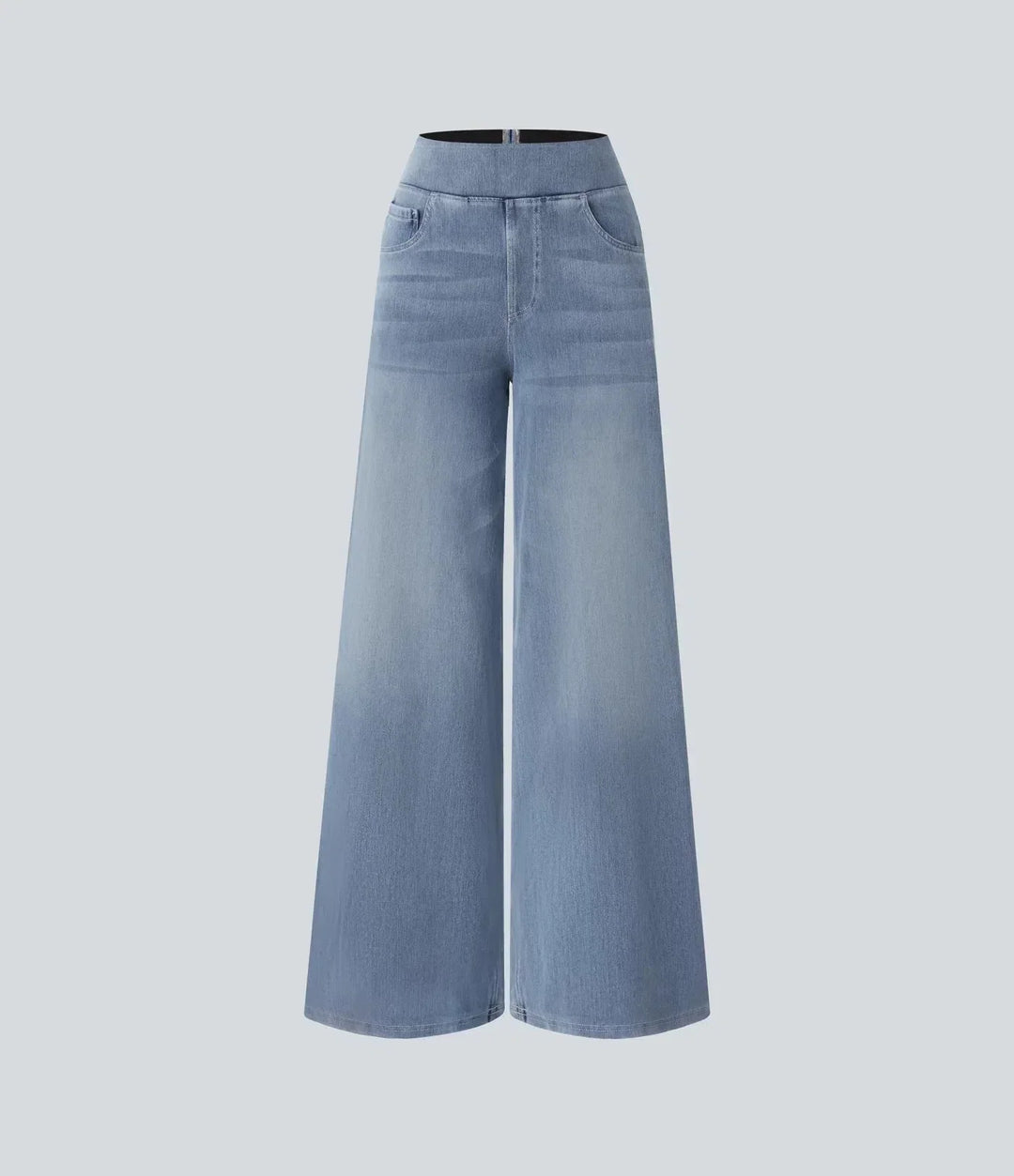 Modieuze pull-on dames jeans met wijde pijpen, hoge taille en elastische tailleband, lichtblauw.