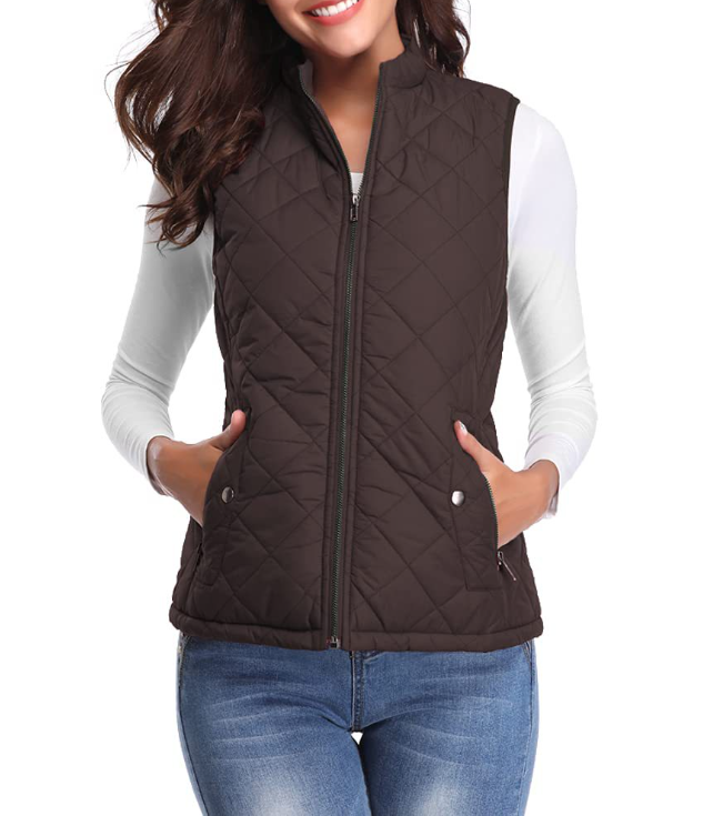 "Dames lichtgewicht gequilt ritsvest, stijlvol design met functionele zakken, perfect voor overgangsseizoenen."