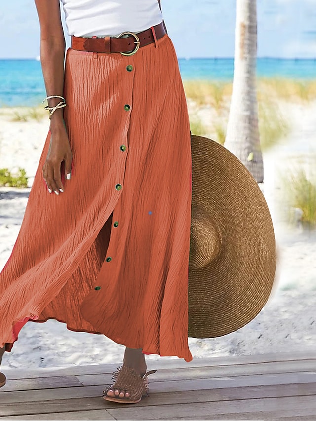 "Dames linnen maxi rok, vloeiende pasvorm, beschikbaar in groen, marineblauw, oranje, elegant en comfortabel design."