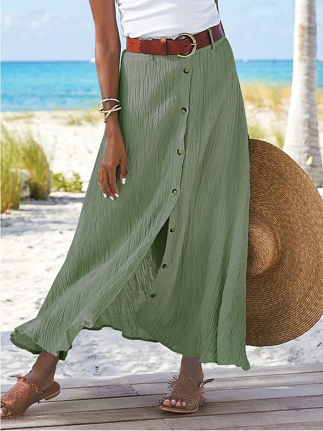 "Dames linnen maxi rok, vloeiende pasvorm, beschikbaar in groen, marineblauw, oranje, elegant en comfortabel design."