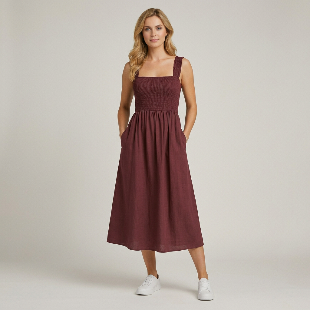 Elegante mouwloze maxi jurk voor dames met smock, vierkante hals en verleidelijke open rug.