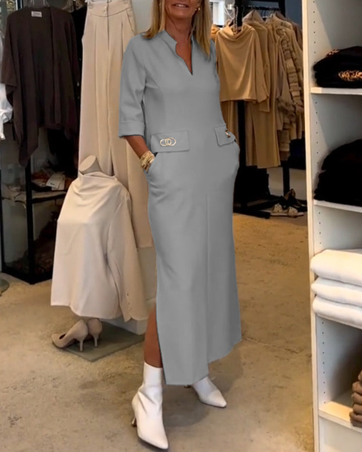 Dames maxi jurk voor vakantie of stad, met V-hals, zakken en een comfortabele pasvorm.