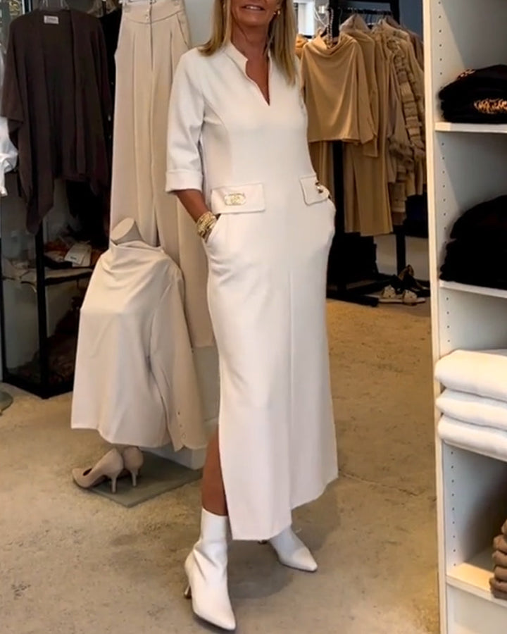 Stijlvolle dames maxi jurk met V-hals, nonchalante 3/4 mouwen en handige zakken.