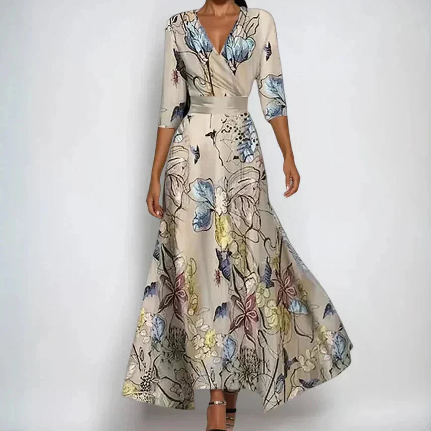 Chique wikkeljurk voor dames, lange bloemenprint maxijurk met V-hals en driekwart mouwen voor zomer of feest.