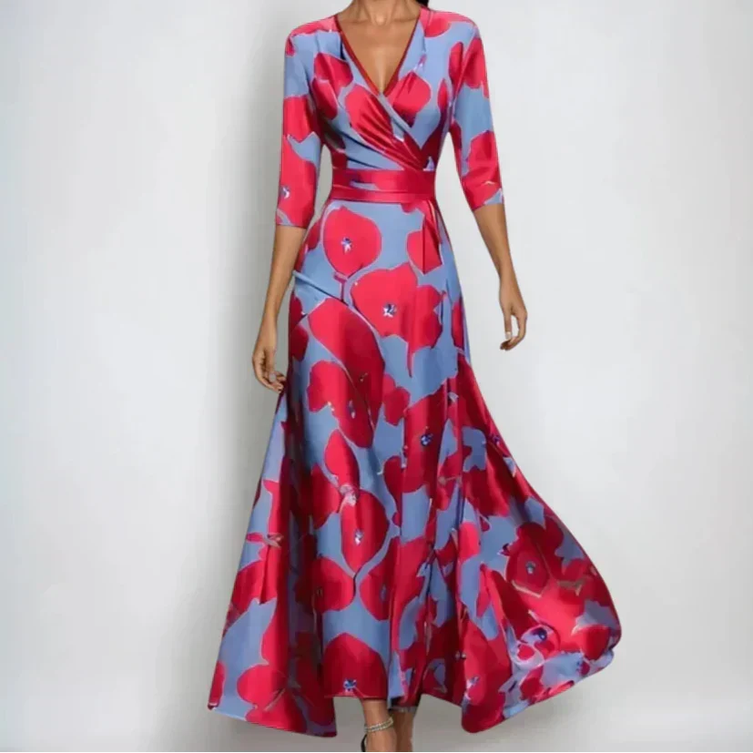 Elegante damesjurk met bloemenprint, soepele maxijurk met V-hals en driekwartmouw, veelzijdig voor elke gelegenheid.