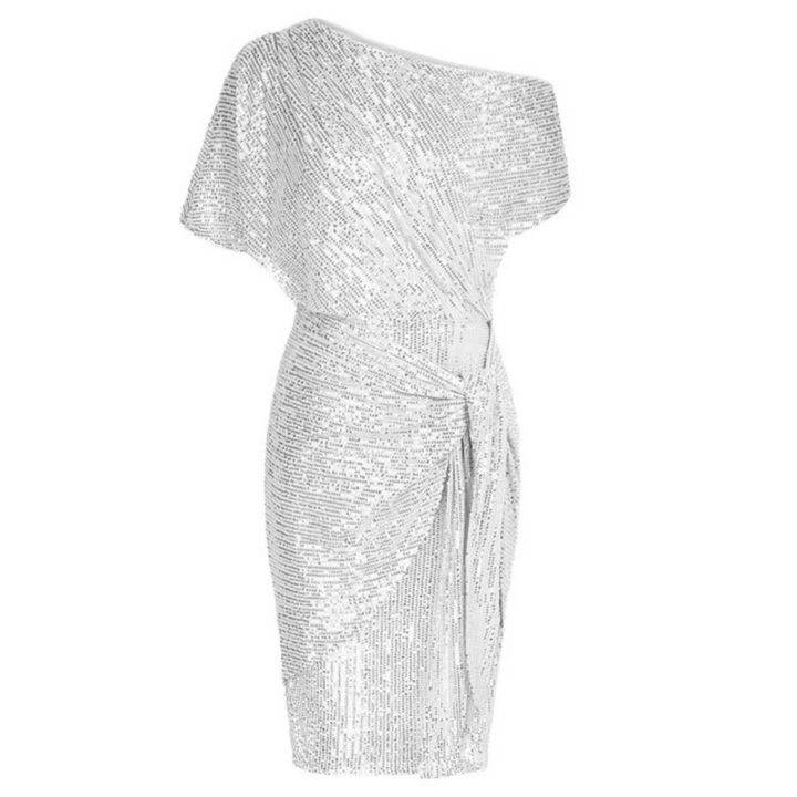 Slankmakende dames pailletten jurk, midi lengte, perfect voor een chique avondje uit.