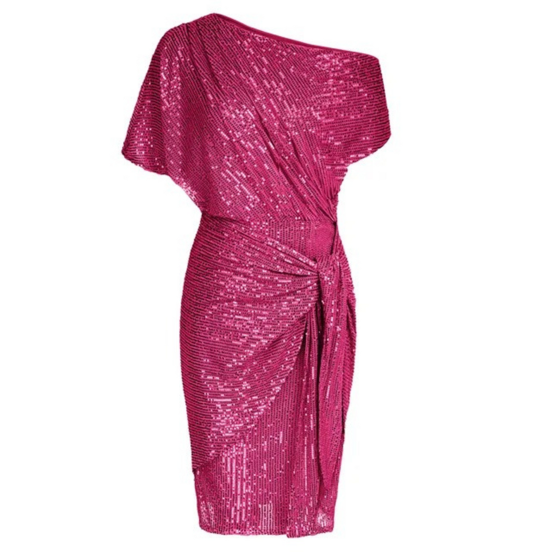 Dames feestjurk, midi lengte, met uniek paillettenpatroon voor een stralende look.