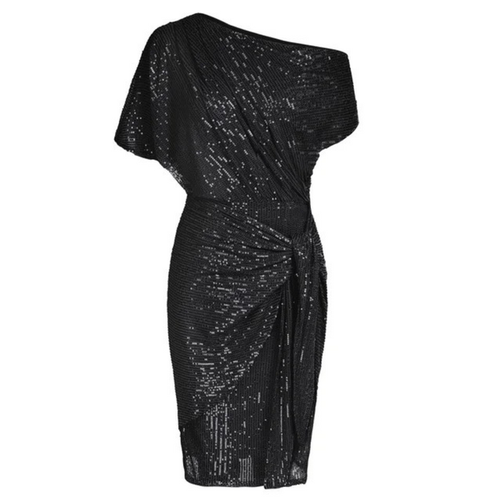 Comfortabele dames midi jurk met feestelijke pailletten, ideaal voor dansavonden.