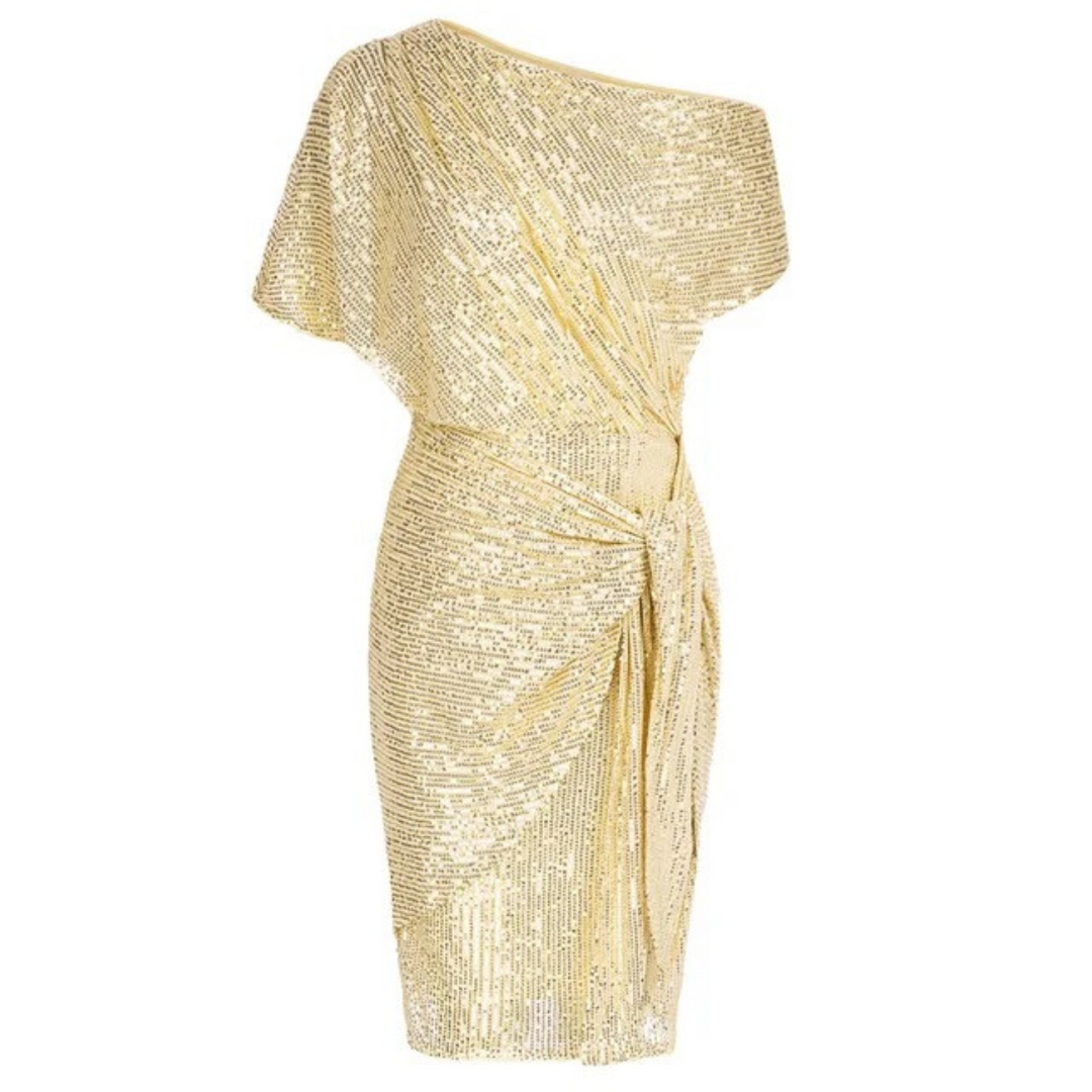 Glanzende dames midi jurk, rijk versierd met pailletten, voor een feestelijke uitstraling.