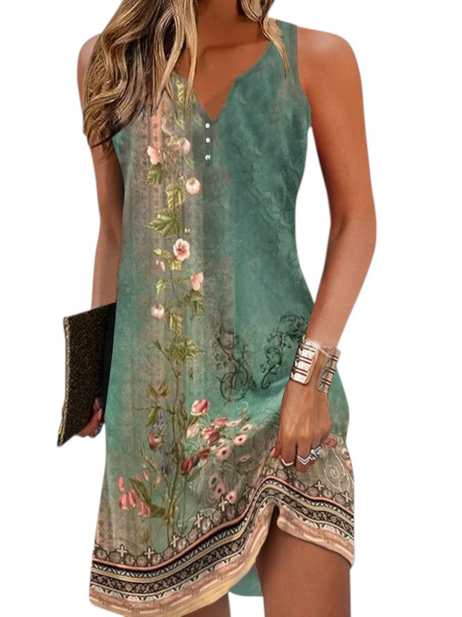 Dames mouwloze mini zomerjurk met vrolijke print, ideaal voor strand of casual uitjes.