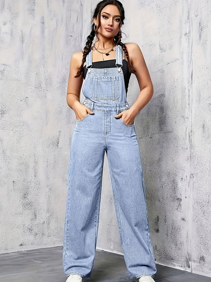 Dames mouwloze spijkeroverall met wijde pijpen, ideaal voor zomer en lente. Comfortabele casual chic blauwe jumpsuit.