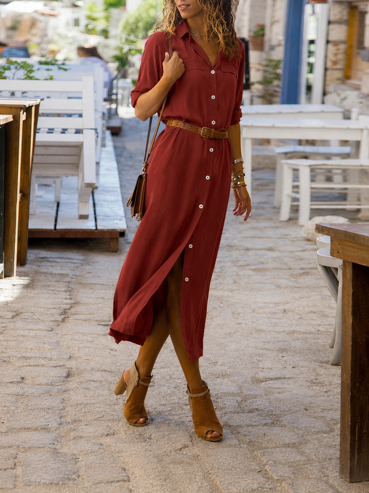 Veelzijdige midi overhemdjurk voor dames met riem, ideaal als casual of elegante zomerjurk.