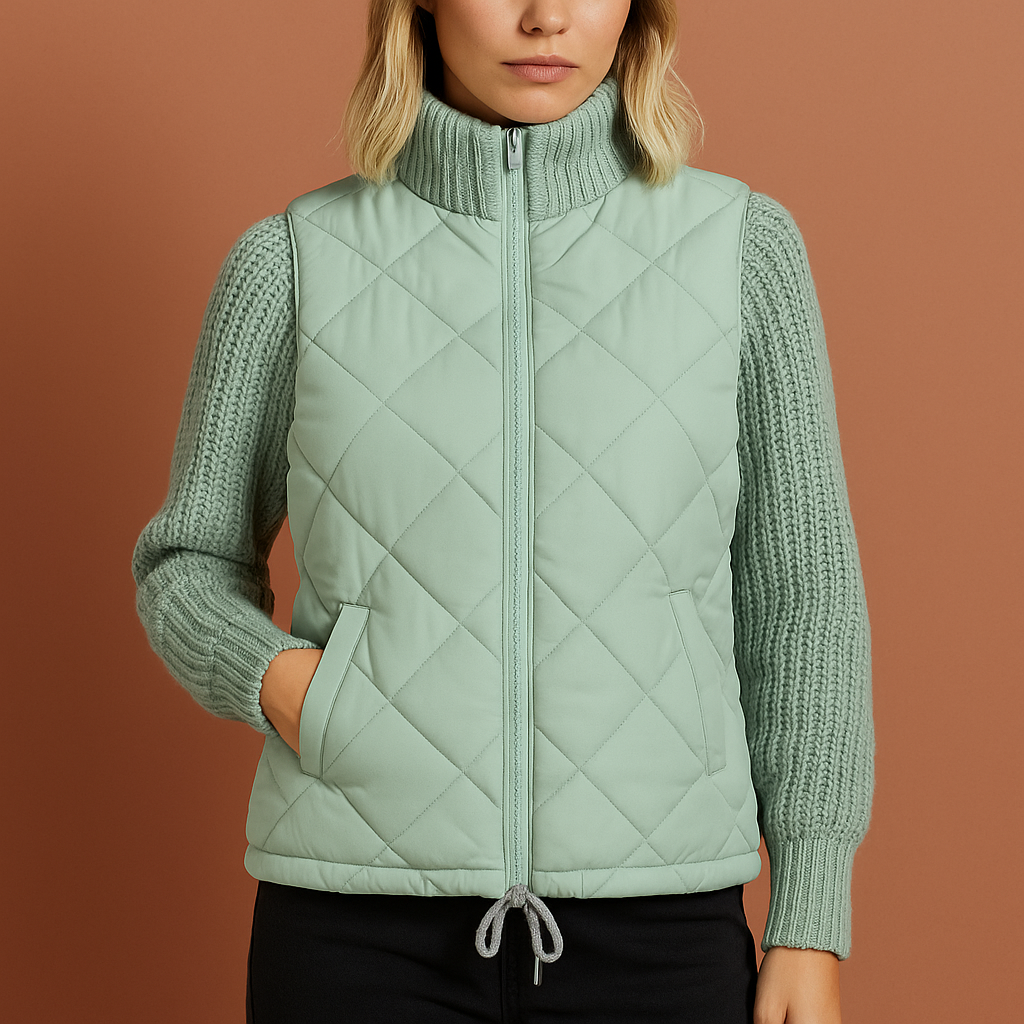 Vrouw draagt een trendy patchwork overgangsjas in een herfstsetting. Dit gebreide vest biedt warmte en stijl.