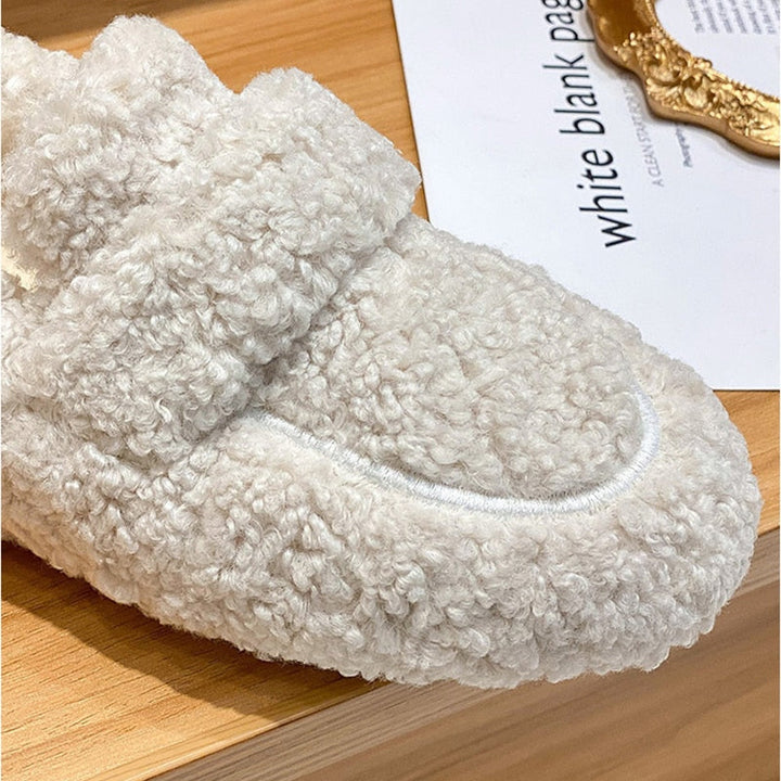 Dames pluche pantoffels in crème, zwart, khaki; warme sloffen met zachte antislip zool voor comfort binnenshuis.