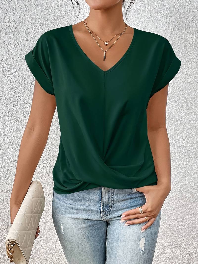 Dames T-shirt met stijlvolle V-hals, korte mouw en modieus twist-detail, perfect voor casual looks.