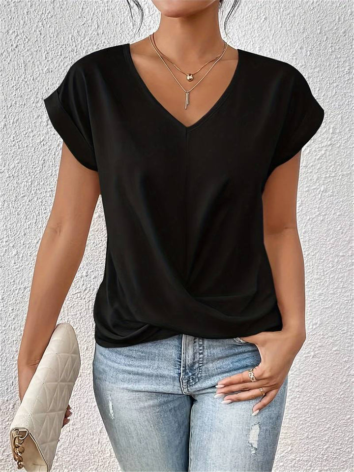 Comfortabel dames T-shirt met V-hals en twist-detail, korte mouw, ideaal voor dagelijks gebruik.